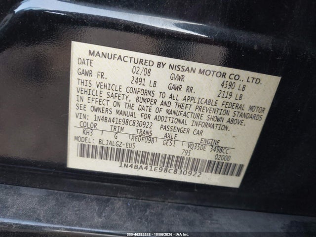 Продаж на аукціоні авто 2008 Nissan Maxima 3.5 Sl, vin: 1N4BA41E98C830922, номер лоту: 46292588