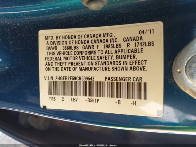 Продаж на аукціоні авто 2012 Honda Civic Lx, vin: 2HGFB2F59CH509542, номер лоту: 46292598