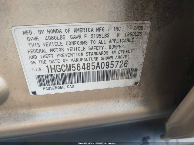 Aukcja sprzedaży 2005 Honda Accord 2.4 Lx, vin: 1HGCM56485A095726, numer aukcji: 46292604