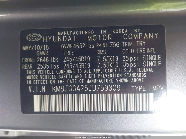Aukcja sprzedaży 2018 Hyundai Tucson Value, vin: KM8J33A25JU759309, numer aukcji: 46292628
