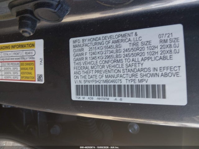 2021 Honda Pilot 2wd Special Edition მანქანა იყიდება აუქციონზე, vin: 5FNYF5H21MB046075, აუქციონის ნომერი: 46292674