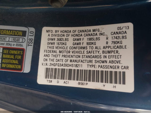 Aukcja sprzedaży 2013 Honda Civic Lx, vin: 2HGFG3A59DH518211, numer aukcji: 46292696