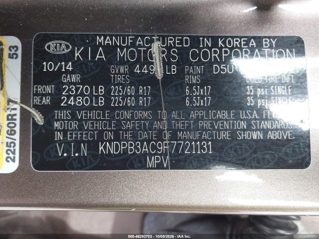 Продажа на аукционе авто 2015 Kia Sportage Lx, vin: KNDPB3AC9F7721131, номер лота: 46292703