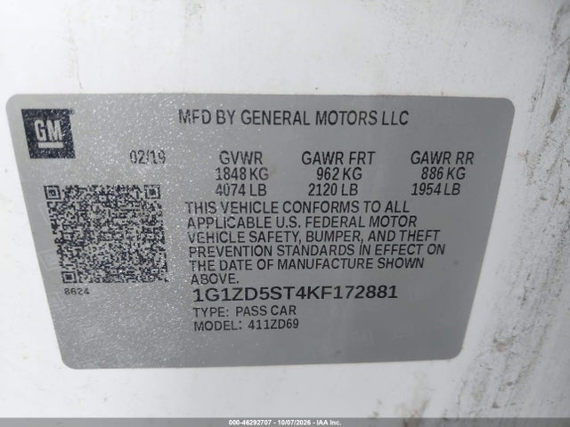 46292707 :رقم المزاد ، 1G1ZD5ST4KF172881 vin ، 2019 Chevrolet Malibu Lt مزاد بيع