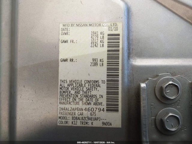 Aukcja sprzedaży 2010 Nissan Altima 2.5 S, vin: 1N4AL2AP8AN460794, numer aukcji: 46292711