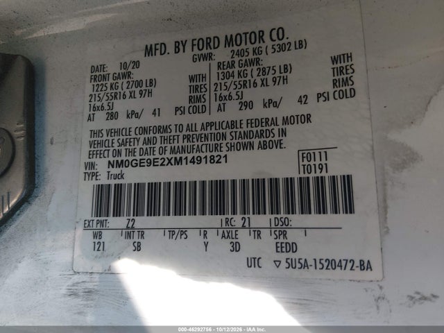 Продаж на аукціоні авто 2021 Ford Transit Connect Xl Passenger, vin: NM0GE9E2XM1491821, номер лоту: 46292756