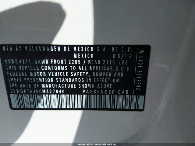 Продажа на аукционе авто 2012 Volkswagen Jetta 2.5l Se, vin: 3VWDP7AJ5CM427640, номер лота: 46292757