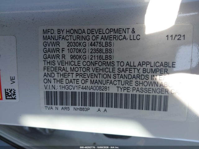 Aukcja sprzedaży 2022 Honda Accord Sport Special Edition, vin: 1HGCV1F44NA008281, numer aukcji: 46292776
