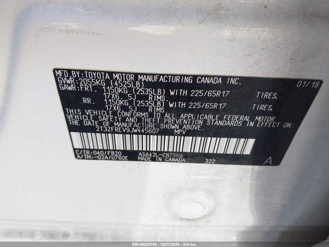 46292780 :رقم المزاد ، 2T3ZFREV9JW445607 vin ، 2018 Toyota Rav4 Le مزاد بيع