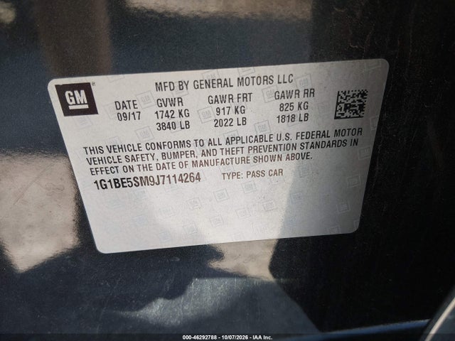 46292788 :رقم المزاد ، 1G1BE5SM9J7114264 vin ، 2018 Chevrolet Cruze Lt Auto مزاد بيع