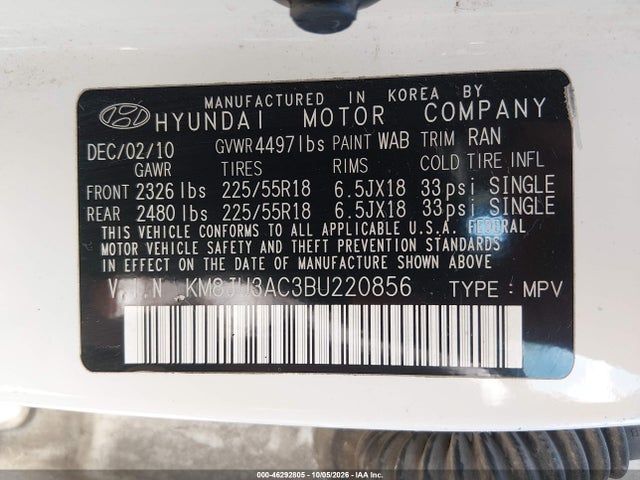 Продажа на аукционе авто 2011 Hyundai Tucson Limited, vin: KM8JU3AC3BU220856, номер лота: 46292805