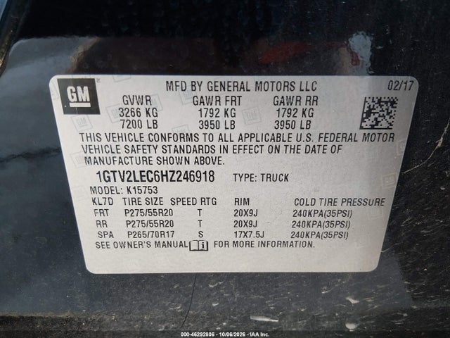 Продажа на аукционе авто 2017 Gmc Sierra 1500, vin: 1GTV2LEC6HZ246918, номер лота: 46292806