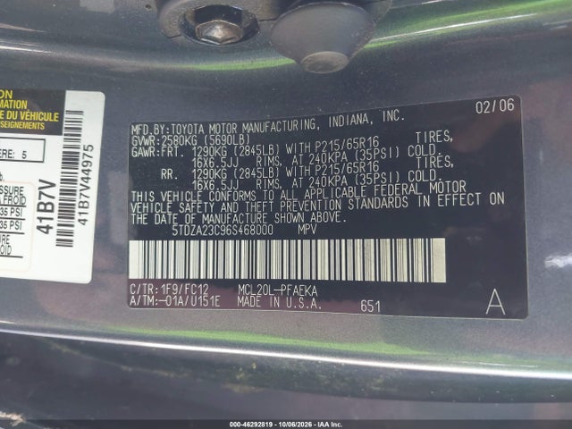 Продажа на аукционе авто 2006 Toyota Sienna Le, vin: 5TDZA23C96S468000, номер лота: 46292819