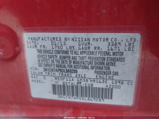 Aukcja sprzedaży 2013 Nissan Versa 1.6 Sv, vin: 3N1CN7AP0DL869289, numer aukcji: 46292831