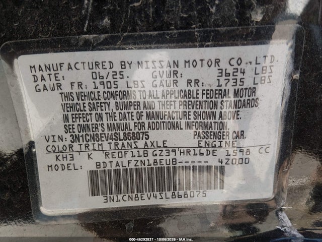 Aukcja sprzedaży 2025 Nissan Versa 1.6 Sv, vin: 3N1CN8EV4SL868075, numer aukcji: 46292837