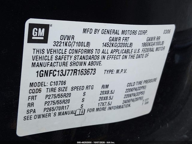 Продаж на аукціоні авто 2007 Chevrolet Tahoe Ltz, vin: 1GNFC13J77R163673, номер лоту: 46292850