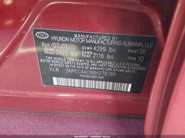 Aukcja sprzedaży 2011 Hyundai Sonata Limited, vin: 5NPEC4AC6BH278789, numer aukcji: 46292857
