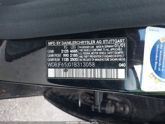 46292861 :رقم المزاد ، WDBJF65J01B313058 vin ، 2001 Mercedes-benz E 320 مزاد بيع