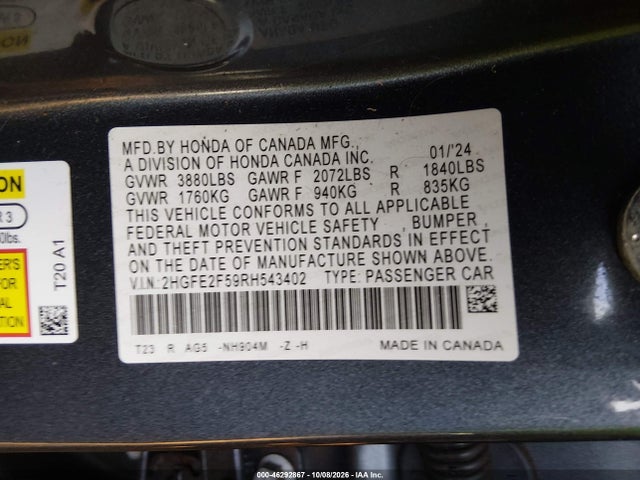 Auction sale of the 2024 Honda Civic Sport, vin: 2HGFE2F59RH543402, lot number: 46292867