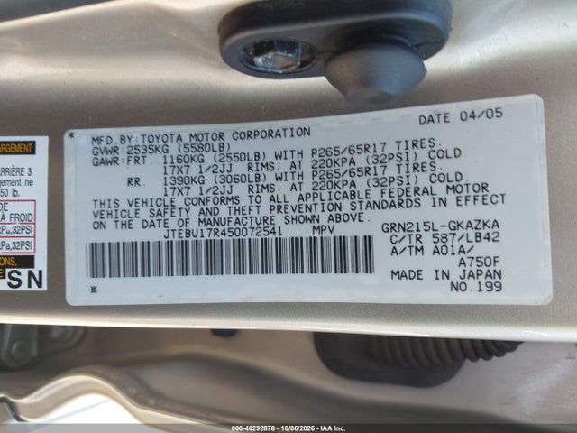 Продажа на аукционе авто 2005 Toyota 4runner Limited V6, vin: JTEBU17R450072541, номер лота: 46292878
