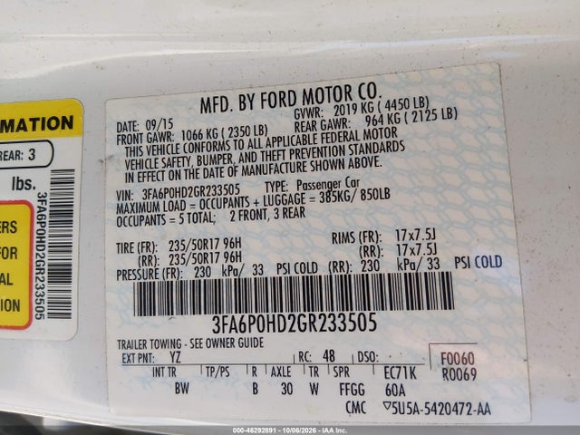 2016 Ford Fusion Se მანქანა იყიდება აუქციონზე, vin: 3FA6P0HD2GR233505, აუქციონის ნომერი: 46292891
