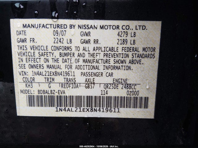 Aukcja sprzedaży 2008 Nissan Altima 2.5 S, vin: 1N4AL21EX8N419611, numer aukcji: 46292904