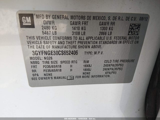 46292908 :رقم المزاد ، 3GYFNGE30CS652406 vin ، 2012 Cadillac Srx Standard مزاد بيع