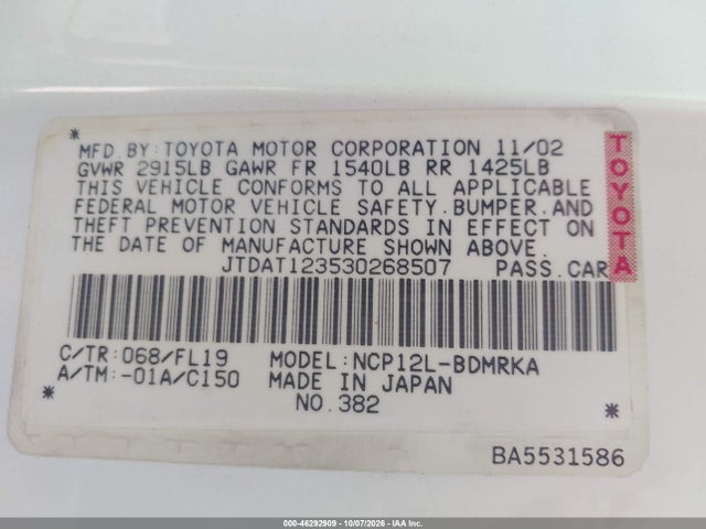 46292909 :رقم المزاد ، JTDAT123530268507 vin ، 2003 Toyota Echo مزاد بيع
