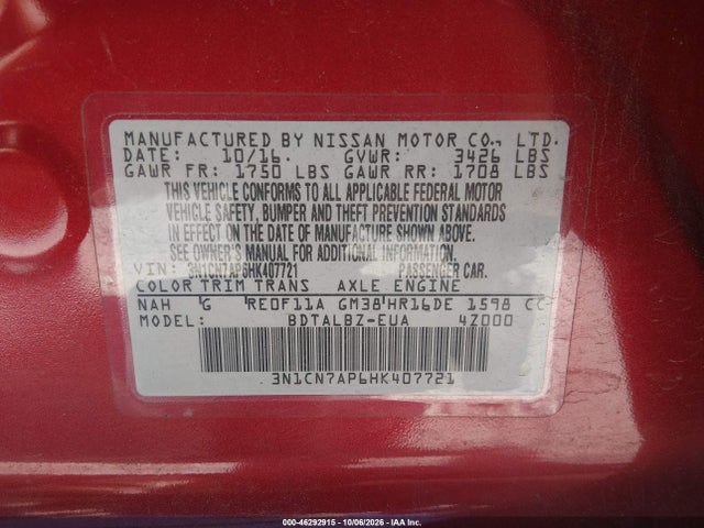 46292915 :رقم المزاد ، 3N1CN7AP6HK407721 vin ، 2017 Nissan Versa 1.6 Sv مزاد بيع