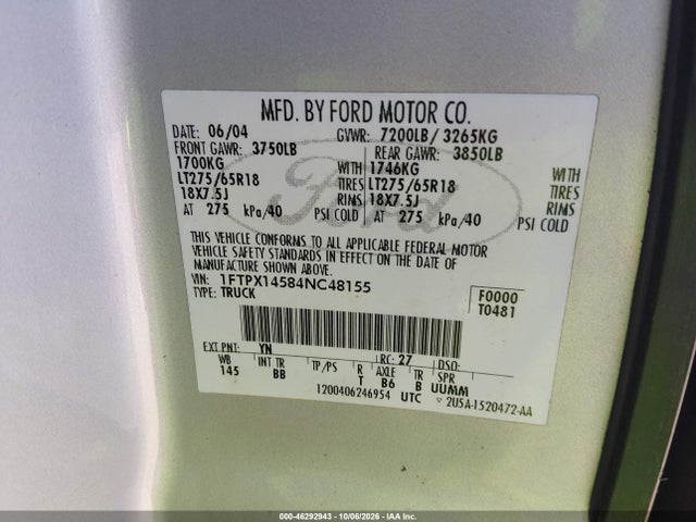 Aukcja sprzedaży 2004 Ford F-150 Fx4/lariat/xl/xlt, vin: 1FTPX14584NC48155, numer aukcji: 46292943