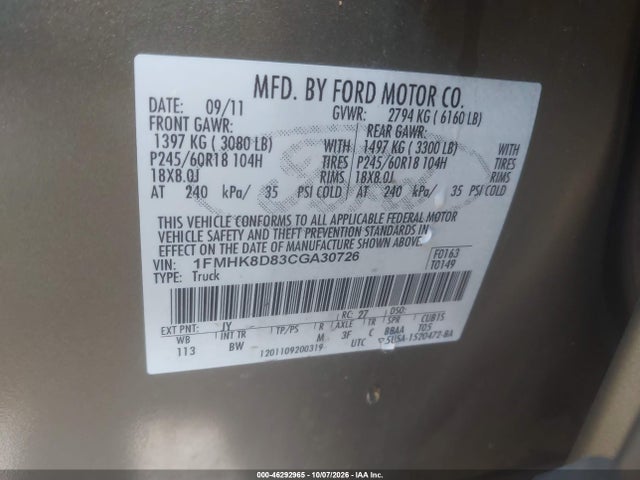 Продажа на аукционе авто 2012 Ford Explorer Xlt, vin: 1FMHK8D83CGA30726, номер лота: 46292965