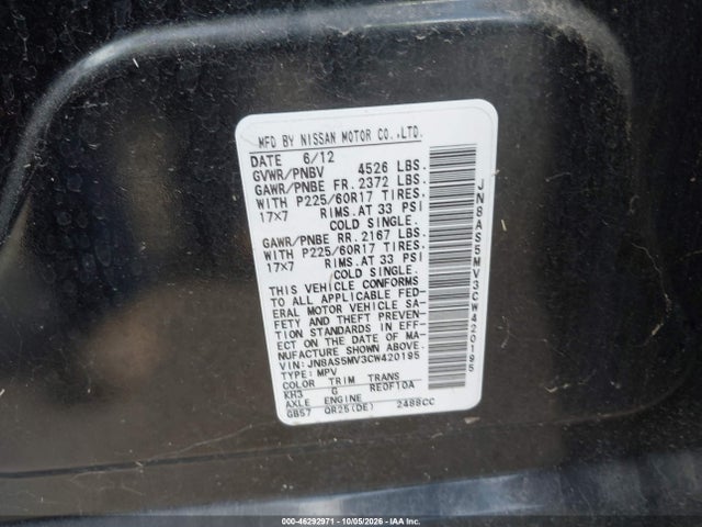 2012 Nissan Rogue Sv მანქანა იყიდება აუქციონზე, vin: JN8AS5MV3CW420195, აუქციონის ნომერი: 46292971