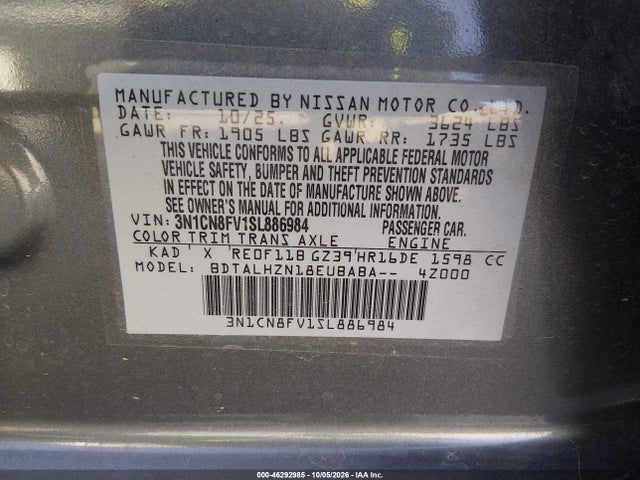 Продажа на аукционе авто 2025 Nissan Versa 1.6 Sr, vin: 3N1CN8FV1SL886984, номер лота: 46292985
