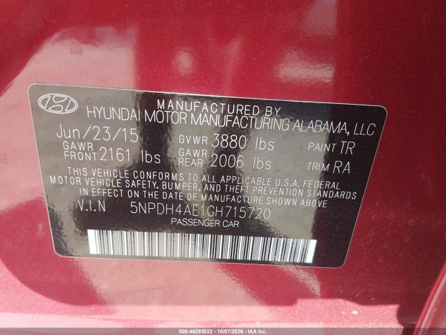 2016 Hyundai Elantra Se მანქანა იყიდება აუქციონზე, vin: 5NPDH4AE1GH715720, აუქციონის ნომერი: 46293022