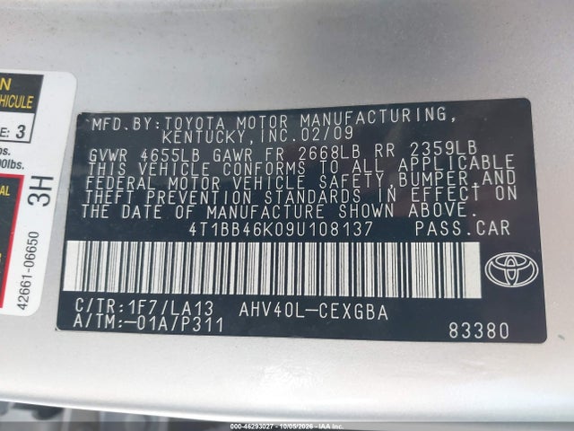 2009 Toyota Camry Hybrid მანქანა იყიდება აუქციონზე, vin: 4T1BB46K09U108137, აუქციონის ნომერი: 46293027