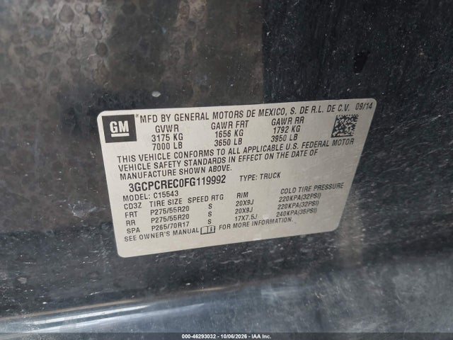 46293032 :رقم المزاد ، 3GCPCREC0FG119992 vin ، 2015 Chevrolet Silverado 1500 1lt مزاد بيع
