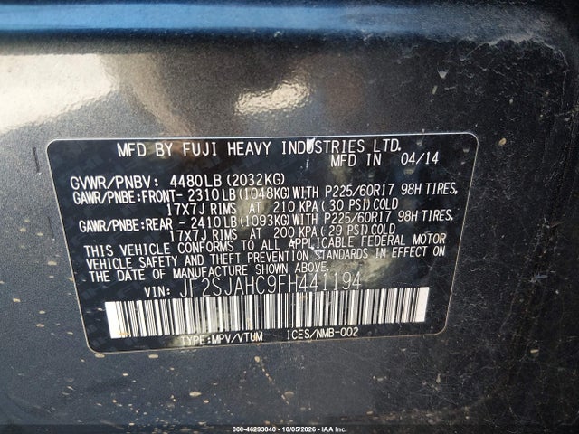 2015 Subaru Forester 2.5i Limited მანქანა იყიდება აუქციონზე, vin: JF2SJAHC9FH441194, აუქციონის ნომერი: 46293040