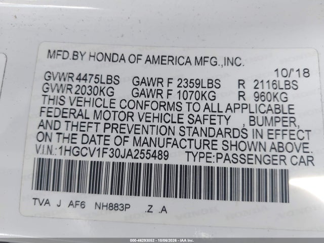 1HGCV1F30JA255489 Honda Accord Sport