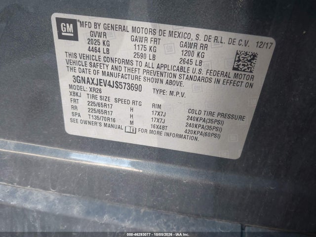 Aukcja sprzedaży 2018 Chevrolet Equinox Lt, vin: 3GNAXJEV4JS573690, numer aukcji: 46293077