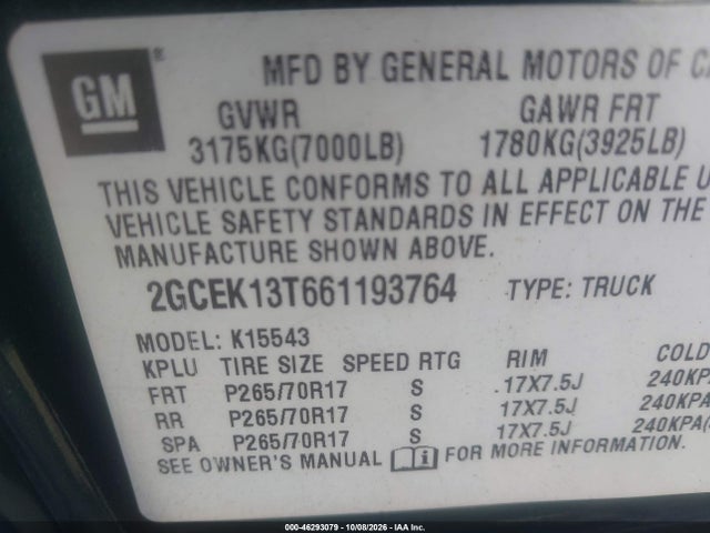 46293079 :رقم المزاد ، 2GCEK13T661193764 vin ، 2006 Chevrolet Silverado 1500 Lt1 مزاد بيع