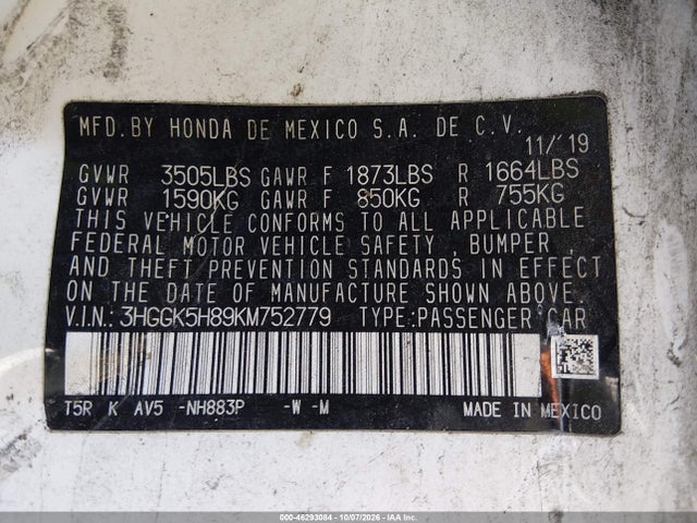 46293084 :رقم المزاد ، 3HGGK5H89KM752779 vin ، 2019 Honda Fit Ex مزاد بيع