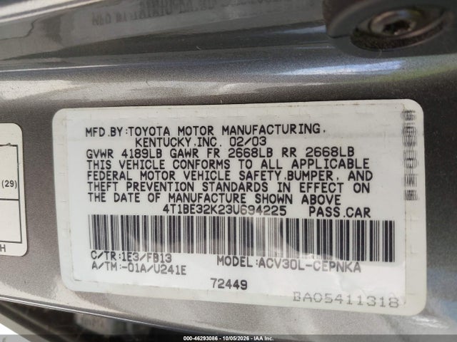 2003 Toyota Camry Le მანქანა იყიდება აუქციონზე, vin: 4T1BE32K23U694225, აუქციონის ნომერი: 46293086