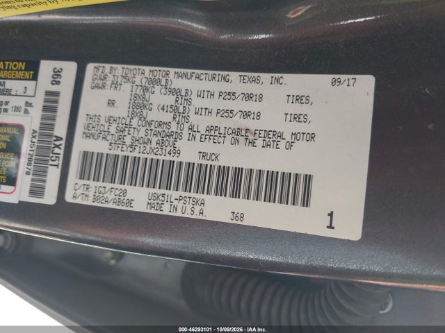 46293101 :رقم المزاد ، 5TFEY5F12JX231499 vin ، 2018 Toyota Tundra Sr5 5.7l V8 مزاد بيع