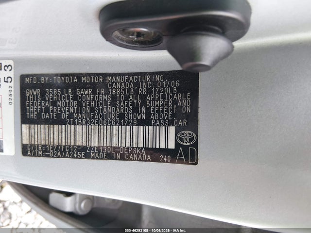 Aukcja sprzedaży 2006 Toyota Corolla S, vin: 2T1BR32E06C621729, numer aukcji: 46293109