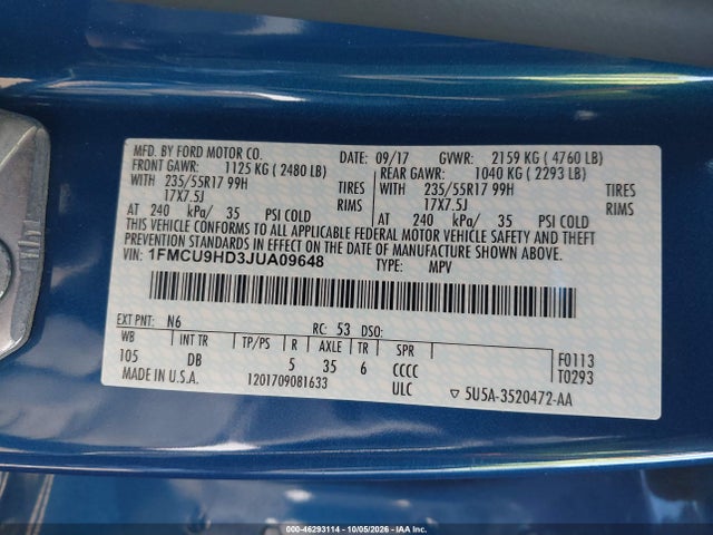 Продаж на аукціоні авто 2018 Ford Escape Sel, vin: 1FMCU9HD3JUA09648, номер лоту: 46293114