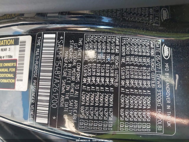 Продажа на аукционе авто 2007 Land Rover Range Rover Hse, vin: SALMF15487A261200, номер лота: 46293116