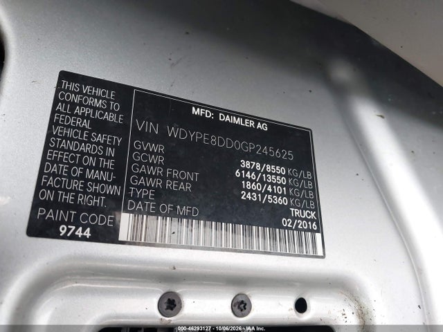 46293127 :رقم المزاد ، WDYPE8DD0GP245625 vin ، 2016 Freightliner Sprinter 2500 High  Roof/high Roof مزاد بيع