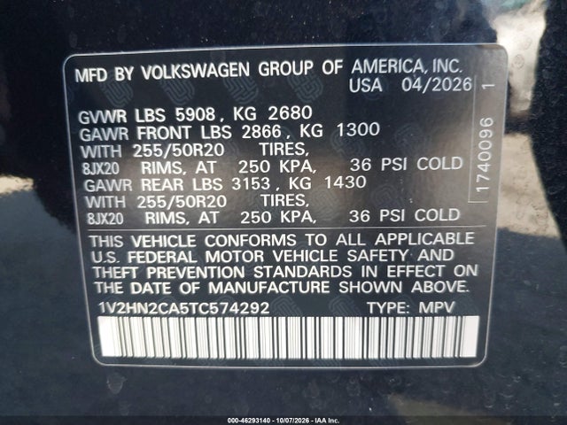 46293140 :رقم المزاد ، 1V2HN2CA5TC574292 vin ، 2026 Volkswagen Atlas Se With Technology مزاد بيع