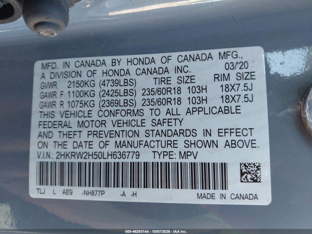 Продаж на аукціоні авто 2020 Honda Cr-v Awd Ex, vin: 2HKRW2H50LH636779, номер лоту: 46293144