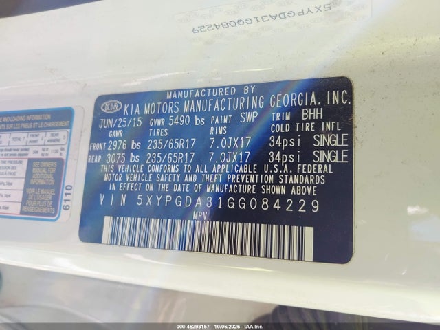 46293157 :رقم المزاد ، 5XYPGDA31GG084229 vin ، 2016 Kia Sorento 2.4l Lx مزاد بيع